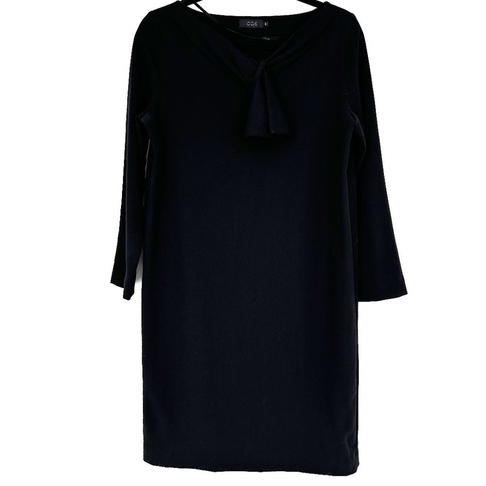 COS Tie Neck Shift Dress Black Crepe Size 6